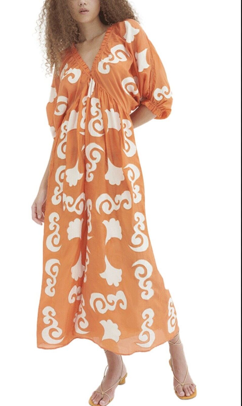 Chufy Orange Embroidered Printed V Neck Dress FLAW XS
